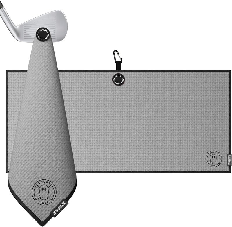 Ghost Golf Magnetic Towel (Caddie) - Premium Ultra-Absorbent Microfiber Golf Towel with Magnet for Golf Carts or Clubs - 18" x 40" Golfing Gear - Waffle Weave Pattern (Grey) - Image 1